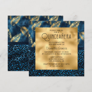Blue Tropical Leopard Print Shimmer Quinceañera Kaart