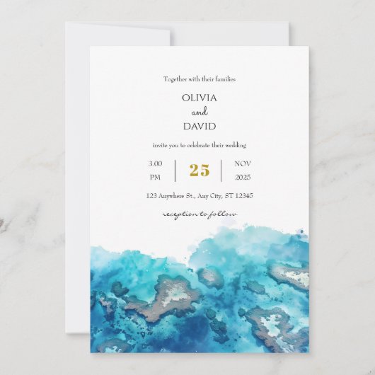 Blue Tropical Ocean Coral Waterverf Beach Wedding Kaart (Voorkant)