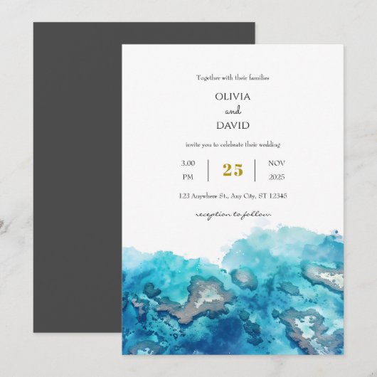 Blue Tropical Ocean Coral Waterverf Beach Wedding Kaart (Voorkant / Achterkant)