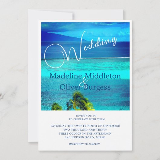 Blue Tropical Ocean Destination Wedding Kaart (Achterkant)