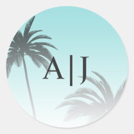 Blue Tropical Palm Tree Beach Monogram Weddenschap Ronde Sticker