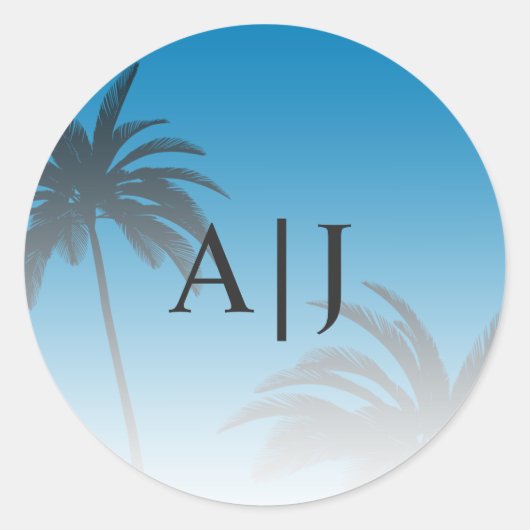 Blue Tropical Palm Tree Beach Monogram Weddenschap Ronde Sticker (Voorkant)