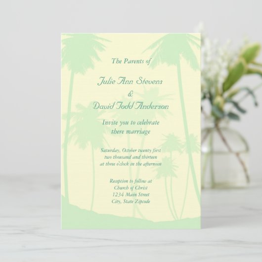 Blue Tropical Palm Tree Wedding Kaart (Staand voorkant)