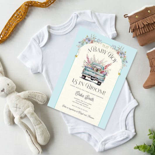 Blue Truck Baby in Bloom Baby shower Invitation Kaart