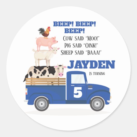 Blue Truck Birthday Sticker. Boerderij sticker (Voorkant)