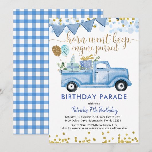 Blue Truck Boy Drive by Birthday Parade Invitation Kaart (Voorkant / Achterkant)
