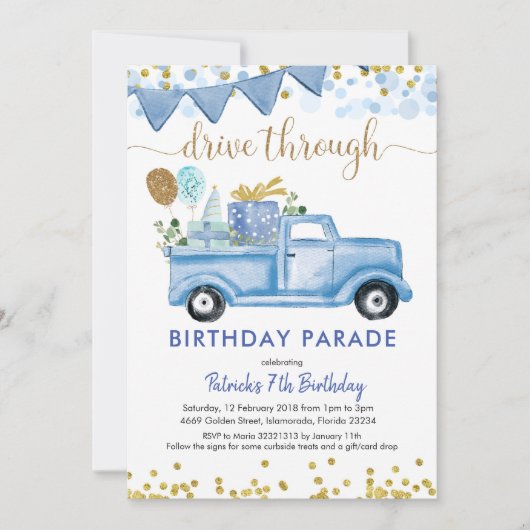 Blue Truck Boy Drive by Birthday Parade Kaart (Voorkant)
