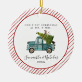 Blue Truck | Eerste Kerstmis als de heer & Mrs. Keramisch Ornament (Voorkant)
