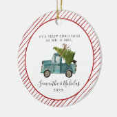 Blue Truck | Eerste Kerstmis als de heer & Mrs. Keramisch Ornament (Links)