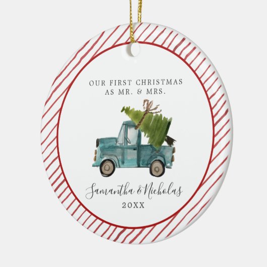 Blue Truck | Eerste Kerstmis als de heer & Mrs. Keramisch Ornament (Links)