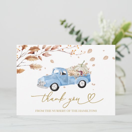 Blue  Truck Herfst Baby shower Dank u Kaart (Staand voorkant)