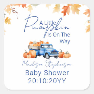 Blue Truck & Kleine pompoen op de weg Baby shower Vierkante Sticker