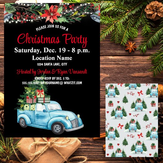 Blue Truck, Liight Foliage Xmas Party Invitation Kaart