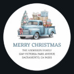 Blue Truck Merry Christmas Retour Adreslabels Ronde Sticker<br><div class="desc">Creëer mooie kerst retour adreslabels met een waterverf blauwe truck met kerstcadeaus. Personaliseer deze schattige kerstlabels eenvoudig met je familienaam en adres.</div>