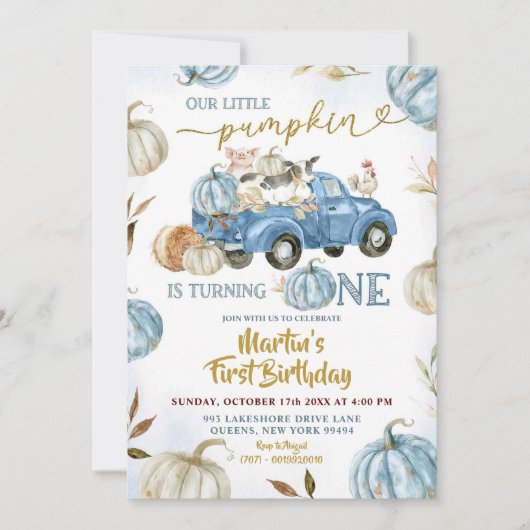 Blue Truck Pumpkin Boerderij 1st Birthday Boy Kaart (Voorkant)