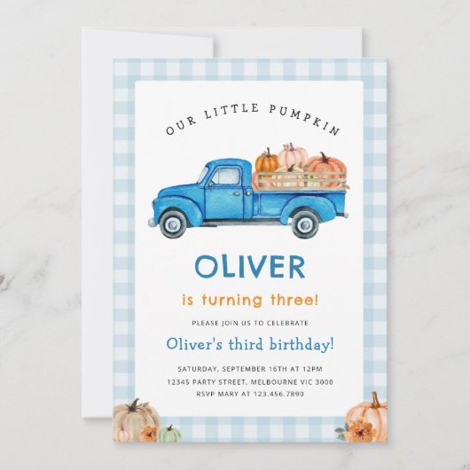 Blue Truck & Pumpkin Herfst Boerderij Gingham Verj Kaart (Voorkant)