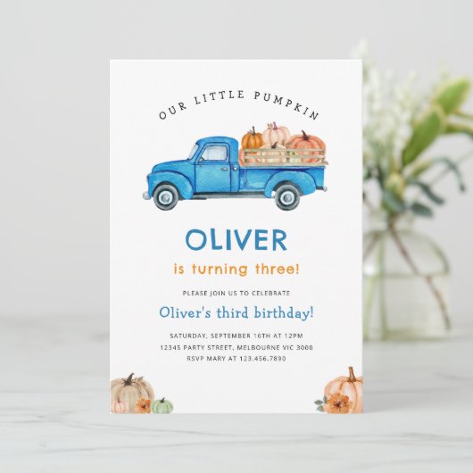 Blue Truck & Pumpkin Herfst Boerderij Verjaardag Kaart (Staand voorkant)