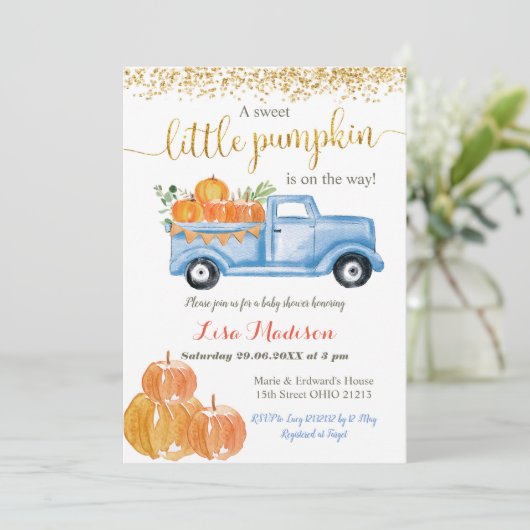 Blue Truck Pumpkin is onderweg naar het baby showe Kaart (Staand voorkant)