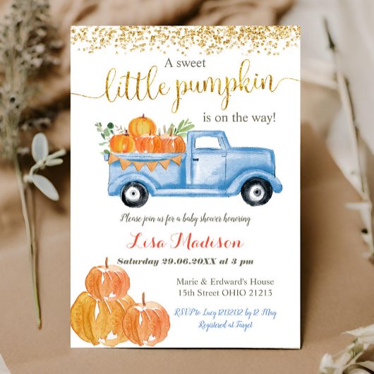 Blue Truck Pumpkin is onderweg naar het baby showe Kaart