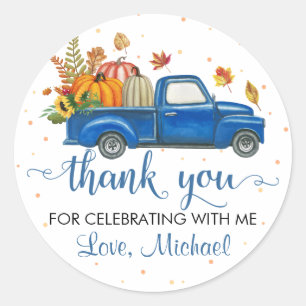 Blue Truck Pumpkin Leaves Autumn Party Dank u Ronde Sticker
