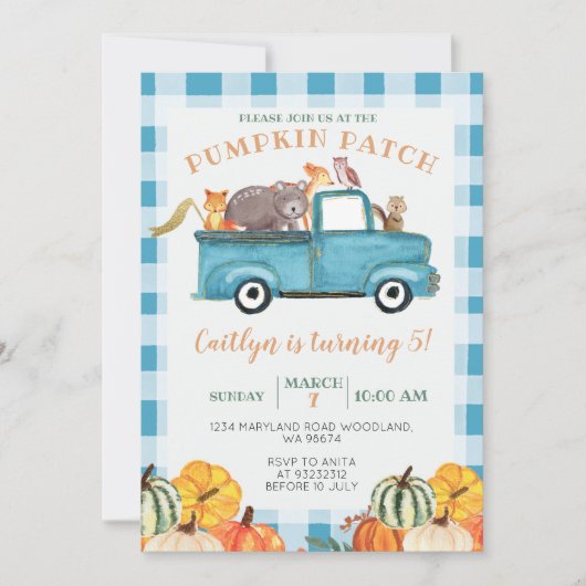 Blue Truck Pumpkin Patch Gingham vijfde verjaardag Kaart (Voorkant)
