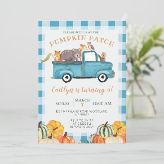 Blue Truck Pumpkin Patch Gingham vijfde verjaardag Kaart (Staand voorkant)