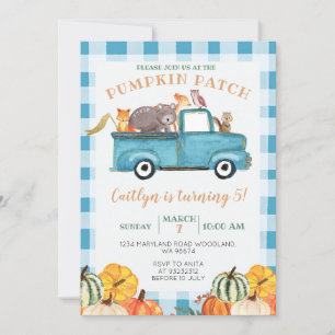 Blue Truck Pumpkin Patch Gingham vijfde verjaardag Kaart
