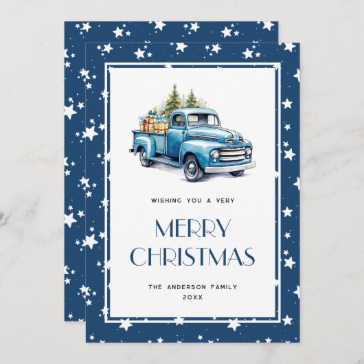 Blue Truck Snow Stars Merry-kerstkaarten Feestdagenkaart (Voorkant / Achterkant)