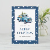 Blue Truck Snow Stars Merry-kerstkaarten Feestdagenkaart (Staand voorkant)