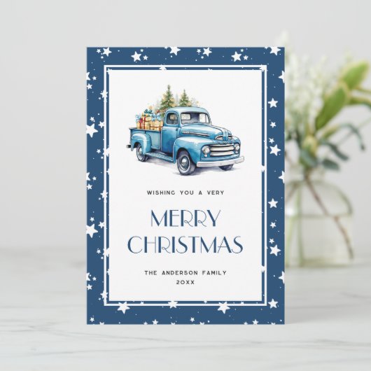 Blue Truck Snow Stars Merry-kerstkaarten Feestdagenkaart (Staand voorkant)