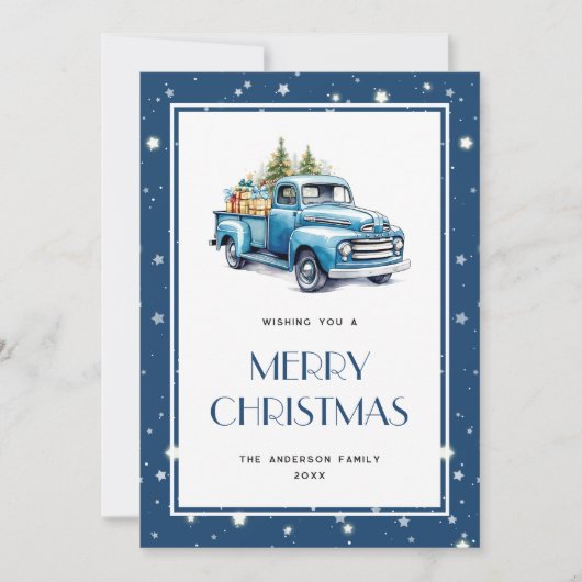 Blue Truck Tree Snow Stars Vrolijke kerst Kaart (Voorkant)