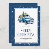 Blue Truck Tree Snow Stars Vrolijke kerst Kaart (Voorkant / Achterkant)