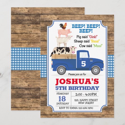 Blue Truck verjaardagsuitnodiging. Boerderij uitno Kaart (Voorkant / Achterkant)
