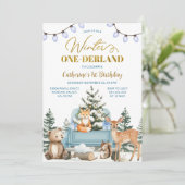 Blue Truck Winter One-derland Animals 1st Birthday Kaart (Staand voorkant)