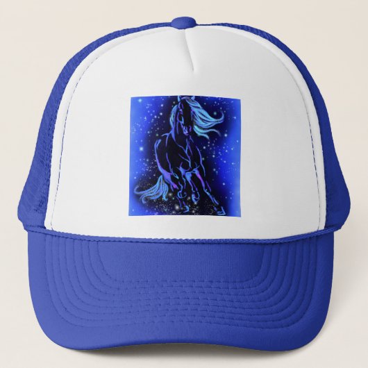 Blue Trucker Hat Horse die 's nachts rijdt Pet (Voorkant)