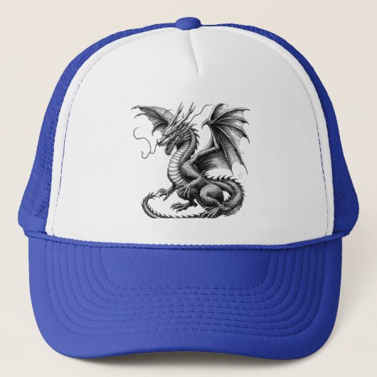Blue Trucker Hat with Dragon Design - Black and Wh Pet (Voorkant)