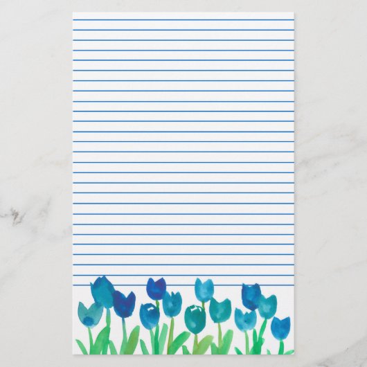 Blue Tulip Garden Waterverf Flowers Lined Briefpapier (Voorkant)
