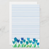 Blue Tulip Garden Waterverf Flowers Lined Briefpapier (Voorkant / Achterkant)