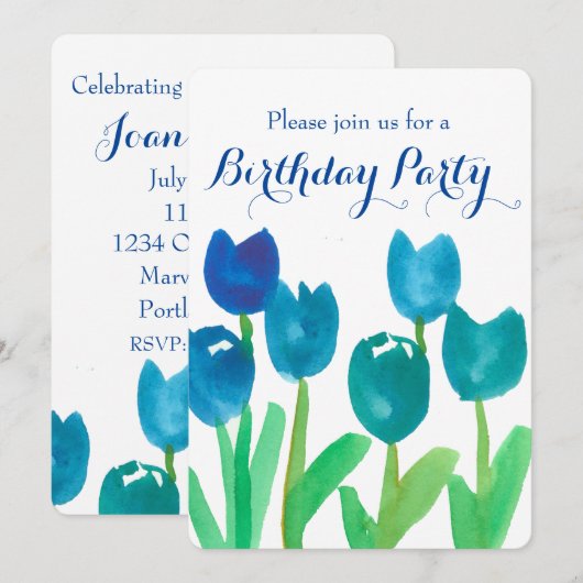 Blue Tulip Waterverf Flowers 90ste verjaardagsfees Kaart (Voorkant / Achterkant)