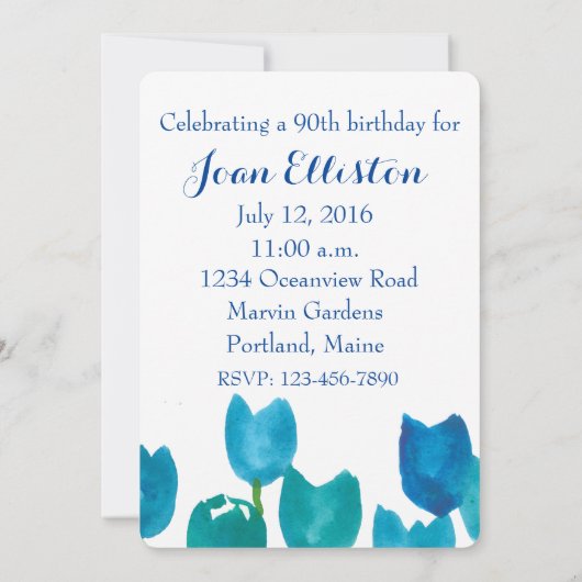 Blue Tulip Waterverf Flowers 90ste verjaardagsfees Kaart (Achterkant)