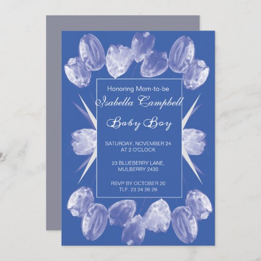 Blue Tulips Baby shower Invitation Kaart (Voorkant / Achterkant)