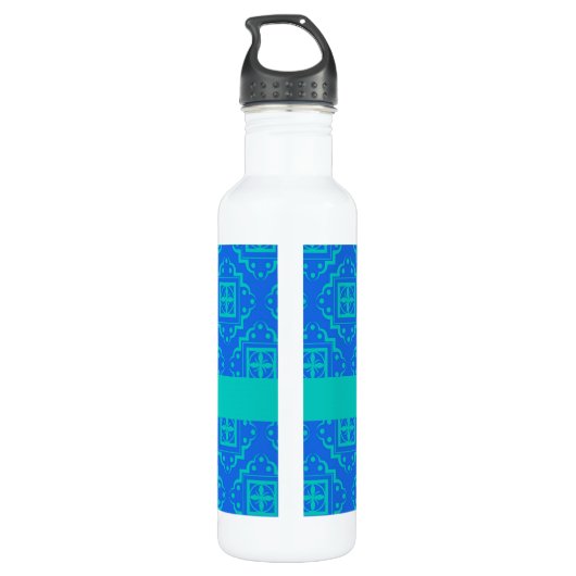 Blue & Turquoise Aqua Arabesque Moroccan Waterfles (Achterkant)