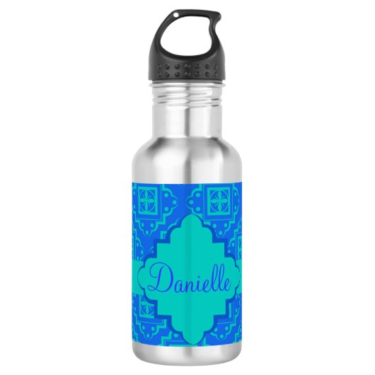 Blue & Turquoise Aqua Arabesque Moroccan Waterfles (Voorkant)