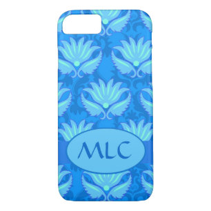 Blue Turquoise Art Nouveau Damask Monogram aangepa Case-Mate iPhone Case