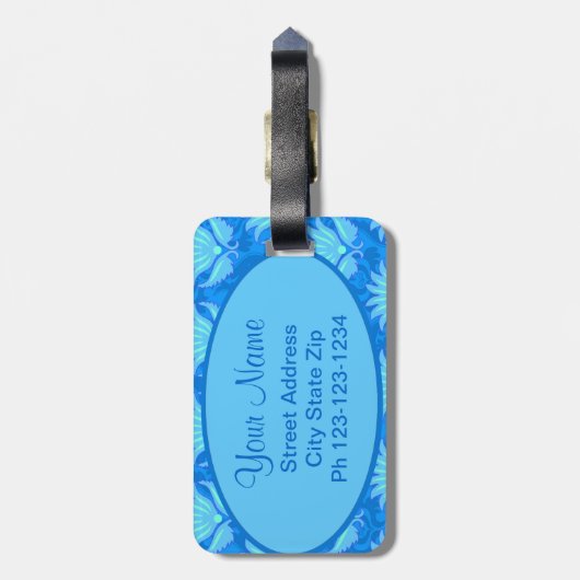 Blue Turquoise Art Nouveau Damask Monogram Bagagelabel (Achterkant verticaal)