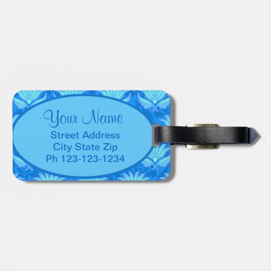 Blue Turquoise Art Nouveau Damask Monogram Bagagelabel (Achterkant horizontaal)