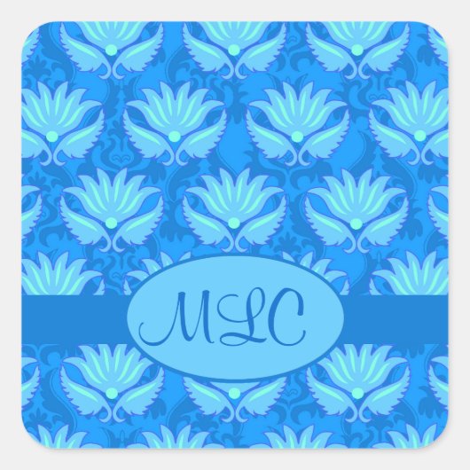 Blue Turquoise Art Nouveau Damask Monogram Vierkante Sticker (Voorkant)