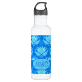 Blue Turquoise Art Nouveau Damask Monogram Waterfles (Voorkant)