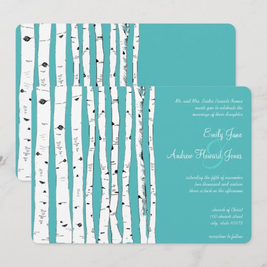 Blue Turquoise Birch Tree Wedding Invitations Kaart (Voorkant / Achterkant)