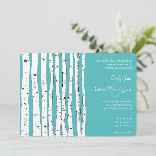 Blue Turquoise Birch Tree Wedding Invitations Kaart (Staand voorkant)